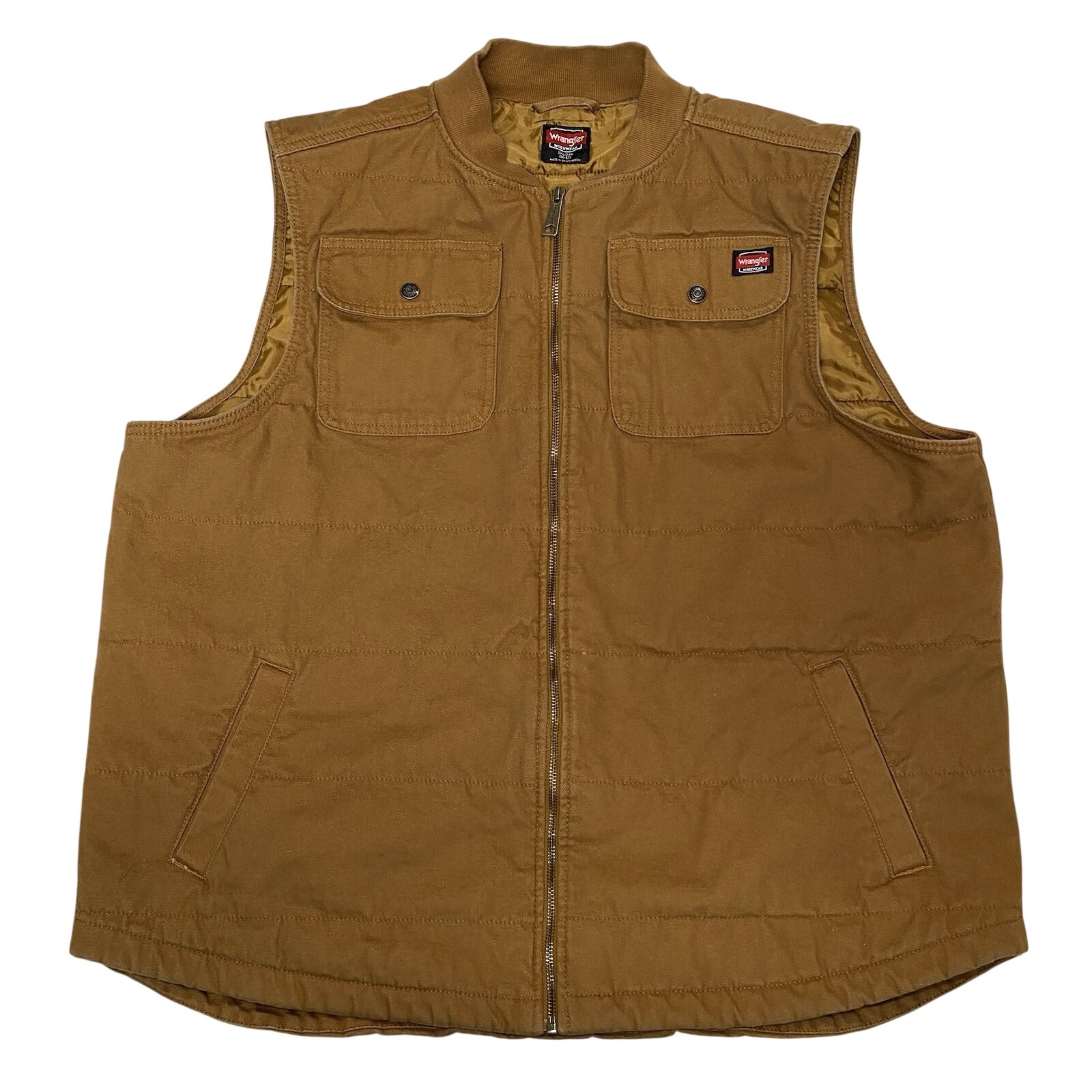 Wrangler Workwear Vest Mens 2xl Brown Canvas Quilted Zip Utility Work